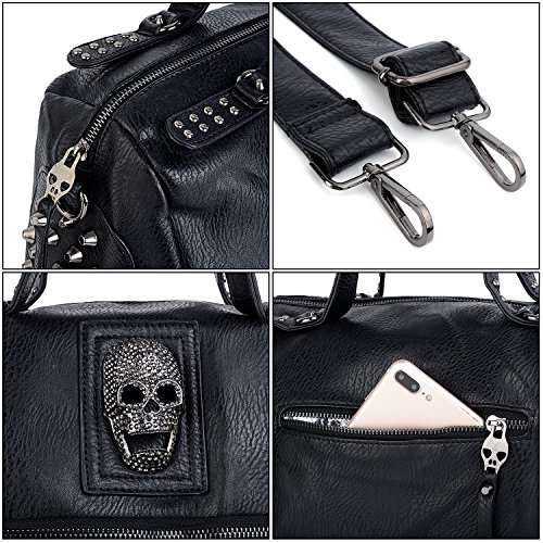 UTO - Bolso de Hombro de Mujer Bolso Tote Moda de Cuero Sintético Remache Tachonado Calavera Cráneo Estilo Punk Gótico con Cremallera