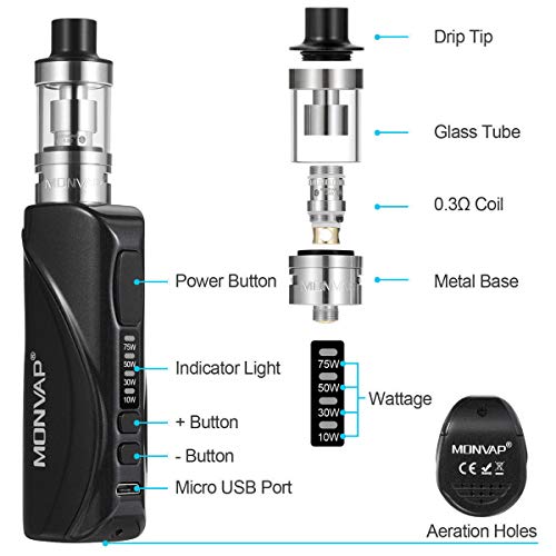 Vaper Cigarros Electronicos 75W, MONVAP M75 y 5x10 E Liquido, 2600mah Built-in Vape Mod Box Kit, Top Refill Atomizador 0.3ohm 2ml ECig, E Cigarette Starter Set Sin Nicotina 0.0mg