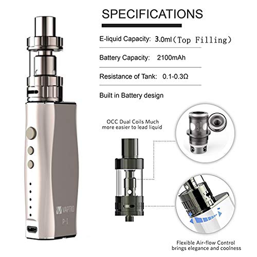 Vaptio P1 TF Starter Kit 50W 2100mAh Batería 3.0ml Atomizador de llenado superior Bobinas dobles Vaporizador de cigarrillo electrónico Sin líquido E Sin nicotina (Dorado)