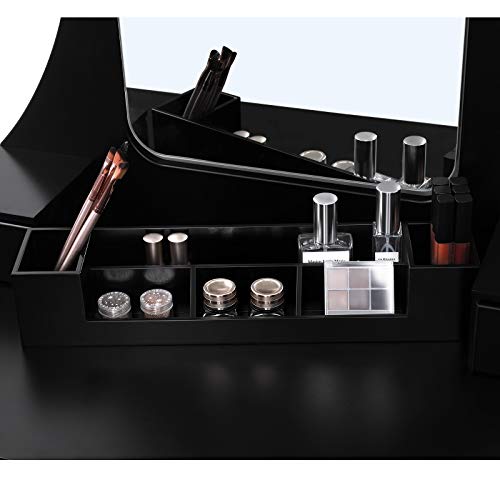 VASAGLE Juego de Tocador, Tocador con Gran Espejo para Maquillaje sin Marco, 5 Cajones y Una Caja de Almacenamiento Movible, Taburete Acolchado, Negro RDT25BK