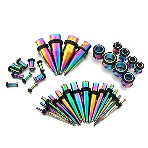 Vcmart 36pc Arco Iris Titanio Oreja calibres Kit tapers de Acero Inoxidable con Tapones 14g-00g Estiramiento Kit