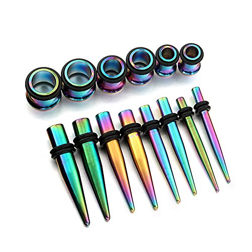 Vcmart 36pc Arco Iris Titanio Oreja calibres Kit tapers de Acero Inoxidable con Tapones 14g-00g Estiramiento Kit