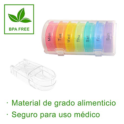 VEGCOO Pastillero Semanal 3 Tomas con 21 Compartimentos y Cortador de Pastillas, Pastillero Pequeño Viaje Organizador Pastillas para Vitaminas, Aceites de Pescado, Suplemento