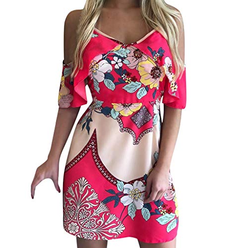 VEMOW Blusas Camisas Mini Vestido Corto de Verano con Estampado y Hombros Descubiertos con Tiras en los Hombros Falda(Rojo,XL)