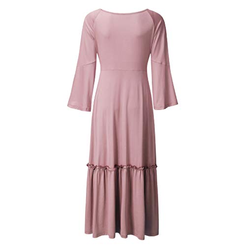 VEMOW Vestido Largo Vintage Elegante Falda con Cuello En V Y Cuello En V SóLido De Cintura Alta Casual para Mujer SeñOras Tallas Grandes Vestidos De Playa Verano Otoño(Rosado,2XL)