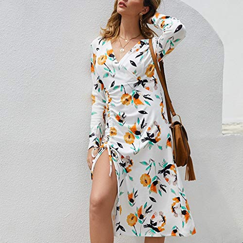 VEMOW Vestido Moda Mujer Casual Delgado Cuello Redondo Flores Impresión Manga Larga Elegante División Tenedor Mini Vestir OtoñO Invierno(Blanco,M)