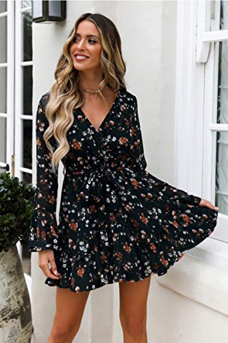 Vestido de Cóctel de Verano para Mujer con Mangas Largas A-línea de Cuello en V Estampado Floral con Cinturón de Cintura Alta (Negro, M)