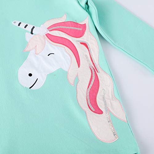 Vestidos con Capucha Niñas Unicornio Lentejuelas Largo Túnica Pullover Tops Manga Larga Algodón Suéter Casual Verde Otoño Sudadera con Capucha 2 3 4 5 6 7 años