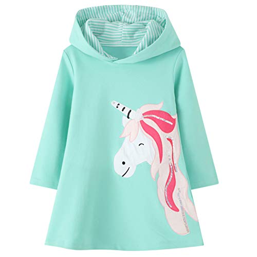 Vestidos con Capucha Niñas Unicornio Lentejuelas Largo Túnica Pullover Tops Manga Larga Algodón Suéter Casual Verde Otoño Sudadera con Capucha 2 3 4 5 6 7 años