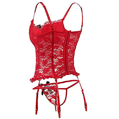 VicSec Corsé Lencería Conjunto de Encaje Transparente para Mujer, Sexy Ropa Interior Erótica Floral con Bustier + G-String + Correa Liguero (Rojo, L)