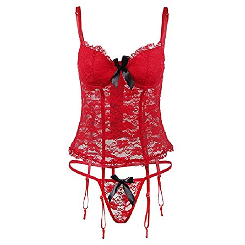 VicSec Corsé Lencería Conjunto de Encaje Transparente para Mujer, Sexy Ropa Interior Erótica Floral con Bustier + G-String + Correa Liguero (Rojo, L)