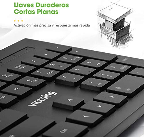 VicTsing Teclado con Cable para Windows/Mac, Llaves Chiclet para(Español QWERTY), Teclado de PC USB, Resistante a Líquido, Barra Espaciadora Curvada, Tamaño clásico, PC/Portátil(Negro)