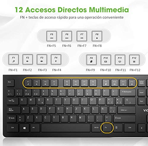 VicTsing Teclado con Cable para Windows/Mac, Llaves Chiclet para(Español QWERTY), Teclado de PC USB, Resistante a Líquido, Barra Espaciadora Curvada, Tamaño clásico, PC/Portátil(Negro)