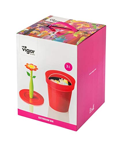 VIGAR Flower Power Papelera para Baño, Material: Polipropileno, Goma, Asa: Acero, Rojo, 21 X 20.5 X 26.5 cm