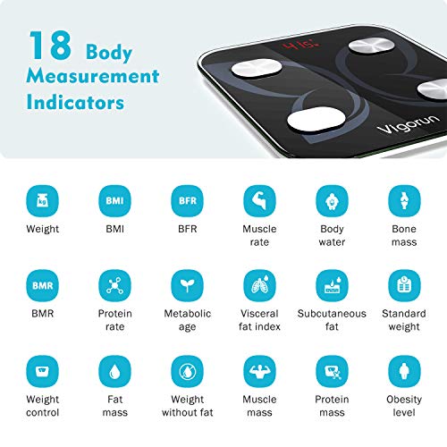 Vigorun Báscula Grasa Corporal Báscula de Baño Bluetooth Báscula Digitale con App y 18 Datos del Cuerpo Peso Músculo Grasa Corporal IMC BMR Negro