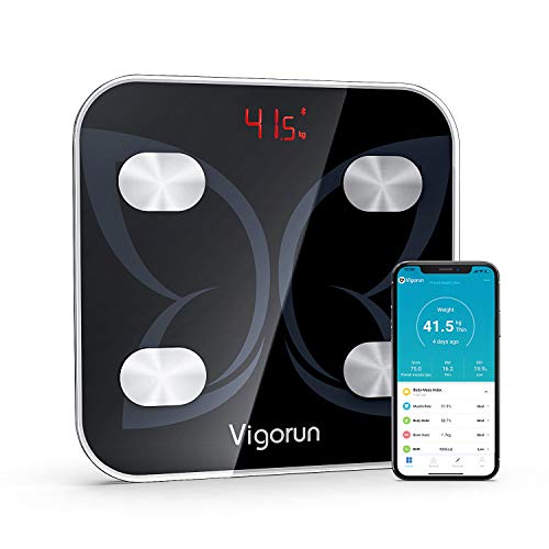 Vigorun Báscula Grasa Corporal Báscula de Baño Bluetooth Báscula Digitale con App y 18 Datos del Cuerpo Peso Músculo Grasa Corporal IMC BMR Negro