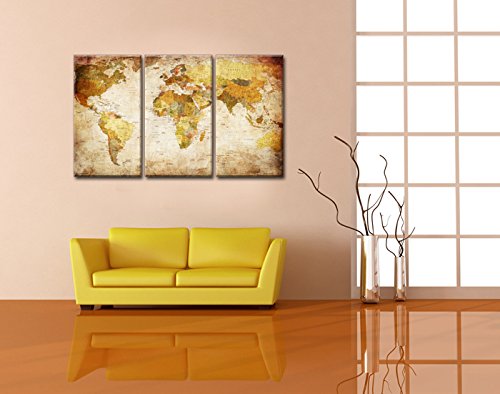 Visario Mapa del Mundo Imagen sobre Lienzo Tres Piezas, de de Pared de imágenes, Marco de Madera y Metal Sistema para Colgar, Beige Vintage, 120 x 80 x 1.0 cm