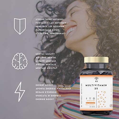 VITAMINA C y D - ALTA DOSIS. 200% del Valor Diario Recomendado. MULTIVITAMINAS Vegano con 25 Vitaminas y Minerales Zinc Magnesio Vitaminas E B6 B12 B1 - Mujer y Hombre 90 Cápsulas N2 Natural Nutrition