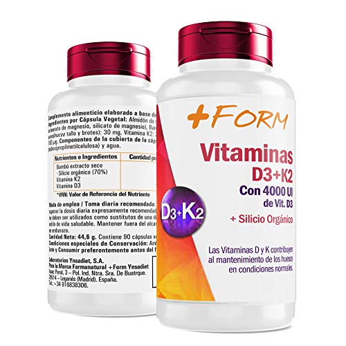 Vitamina D3 K2 | Silicio orgánico Para el mantenimiento de unos Huesos Fuertes y Sanos | Vit D3 K2 Para la correcta Absorción y Distribución del Calcio en Nuestro Organismo | 90 cáp + Form