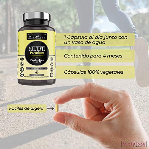 Vittalogy Multivit Premium. Multivitaminas Con Sales Minerales y Probióticos. Combate El Cansancio Y Aumenta Las Defensas. Hombre Y Mujer. Mejora En El Deporte Y Estudio. 120 Cápsulas.