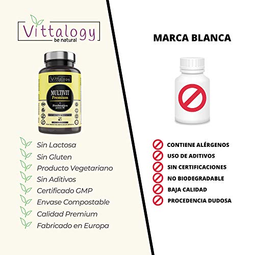 Vittalogy Multivit Premium. Multivitaminas Con Sales Minerales y Probióticos. Combate El Cansancio Y Aumenta Las Defensas. Hombre Y Mujer. Mejora En El Deporte Y Estudio. 120 Cápsulas.