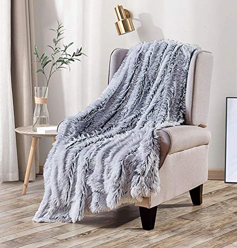 Viviland Manta Suave y Acogedora de Piel Sintética para Sofá, Cama, Silla, Coche, Viaje, Larga Peluda Manta Cálida de Felpa de PV Vellón, Color Blanco Azul, 150x200cm