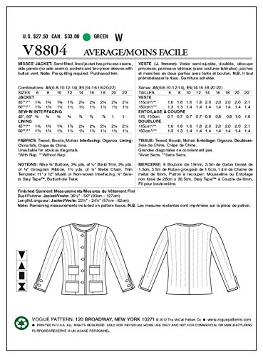 Vogue Patterns V8804 - Patrones de Costura para Chaquetas de Mujer (Tallas 42 a 50)