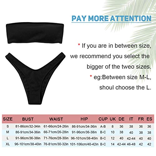 Voqeen Mujeres Sexy Bandeau Traje de baño Cuello Alto sin Tirantes Acanalado Cojín extraíble Conjunto de Bikini de Cintura Baja