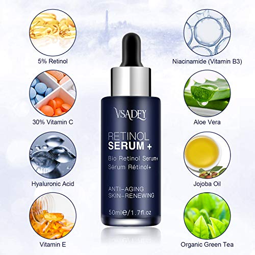 Vsadey Serum+ con Retinol Cara de 5% con ácido hialurónico vitamina E suero Antiarrugas antienvejecimiento para la piel. Mejora los bolsillos debajo del suero para los ojos 50ml