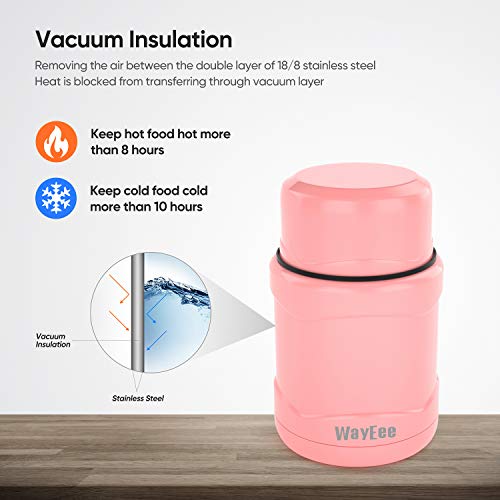 WayEee Termo para Sólido y Líquido Frasco Térmico de Acero Inoxidable con Cuchara Taza Aislada para Comida Bebida Termo Comida Cafe Pures Regalo para Mayores Adultos Niños (Rosa 450ml)