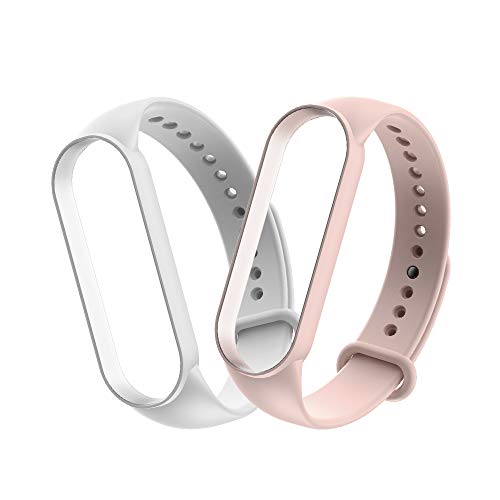 WD&CD 2 Pack Correa de Silicona Compatible con Xiaomi Mi Band 5 de Reloj, Muñequera Ajustable Banda de Reloj para Xiaomi Mi Band 5,Blanco + Rosado