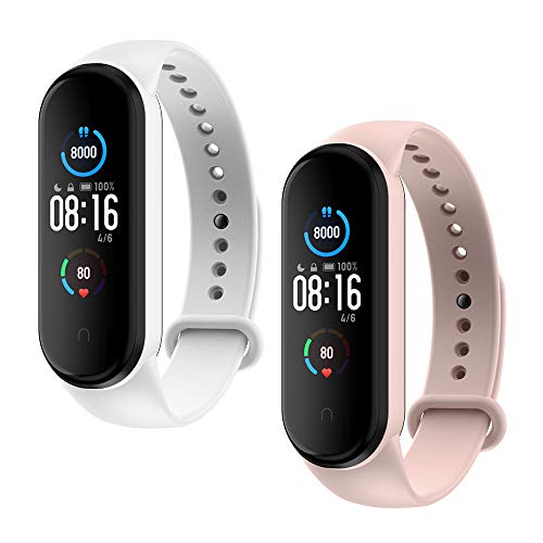 WD&CD 2 Pack Correa de Silicona Compatible con Xiaomi Mi Band 5 de Reloj, Muñequera Ajustable Banda de Reloj para Xiaomi Mi Band 5,Blanco + Rosado