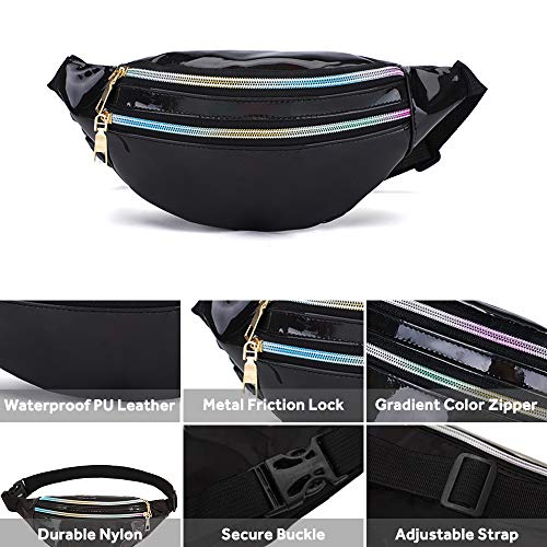 WD&CD Cangurera Deportiva Cinturón Bolso Unisex Moda PU Holográfica Cintura Bolsa Brillante Paquete de Cintura Bolsa de Cintura para CoWalkers, Riñonera Running Impermeable -Negro