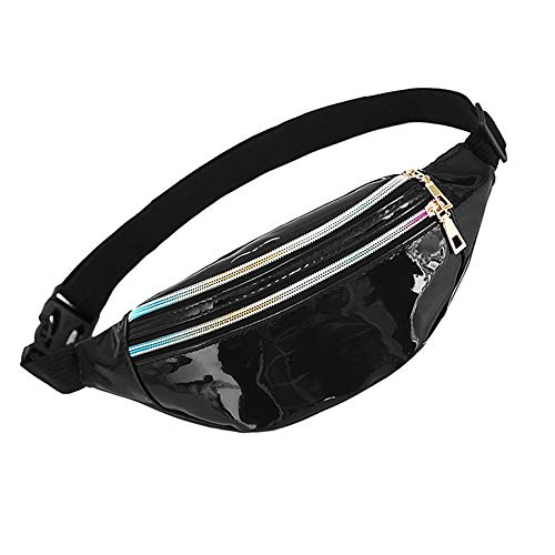 WD&CD Cangurera Deportiva Cinturón Bolso Unisex Moda PU Holográfica Cintura Bolsa Brillante Paquete de Cintura Bolsa de Cintura para CoWalkers, Riñonera Running Impermeable -Negro