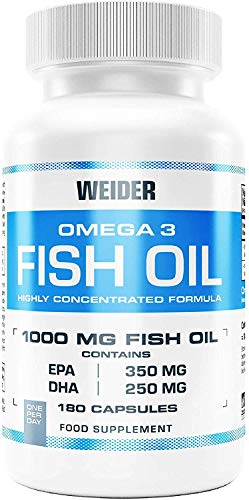 Weider Fish Oil, capsulas de aceite de pescado, Omega 3. 90 capsulas. EPA y DHA. Enriquecido con Vitamina E