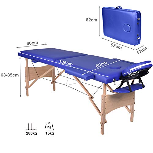 Wellhome Mesa de Masaje de 2 Secciones Madera Camilla Cama Portatil Plegable Ligera Camillas Masajes de Profesional Altura Ajustable Reiki con Reposacabezas, Apoyabrazos, Bolsa de transporte (Azul)