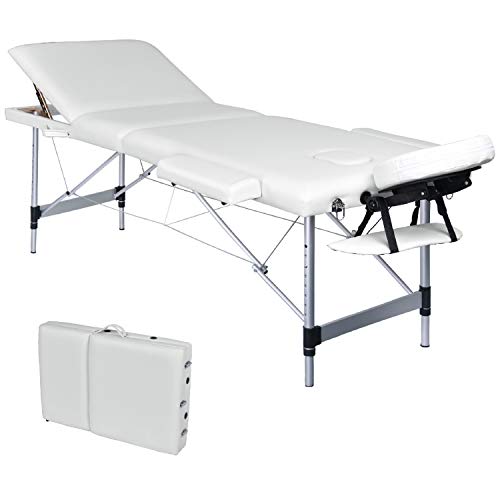 Wellhome Mesa de Masaje de 3 Secciones Aluminio Camilla Cama Portatil Plegable Ligera Camillas Masajes de Profesional Altura Ajustable con Reposacabezas, Apoyabrazos, Bolsa de transporte (Blanco)