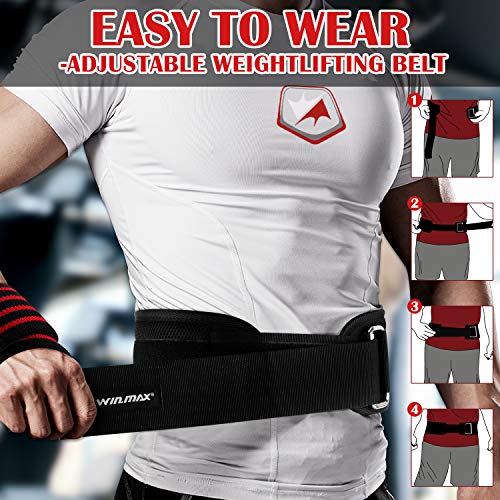 WIN.MAX Cinturón Lumbar Gimnasio，Cinturón Lumbar Gimnasio Ajustable para Hombres y Mujeres，Cinturones Pesas Levantamiento，Gimnasio Cinturón Peso Musculacion (Negro, M)