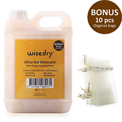 wisedry [5 LBS] Cuentas de gel de sílice Color reutilizable que indica un desecante recargable a granel con 10 piezas de bolsas de cordón de organza