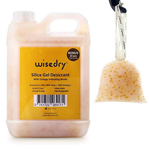 wisedry [5 LBS] Cuentas de gel de sílice Color reutilizable que indica un desecante recargable a granel con 10 piezas de bolsas de cordón de organza