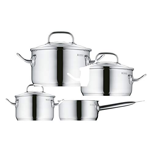 WMF Profi Plus - Batería de cocina de 4 piezas de acero inoxidable (cacerola de Ø 20 cm y 2.8 L, 2 ollas bajas de Ø 16 cm y 2.0 L y Ø 24 cm y 6.0 L, cazo de Ø 16 cm y 1.4 L)