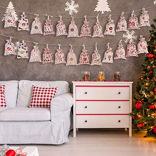 Wokkol Calendario de Adviento, Set de 24 Bolsas de Yute para Rellenar con Calendario de Adviento Casero, Bolsa de Regalo Navidad Decoración Navideña para el Hogar(24 PCS -12 Patrones)