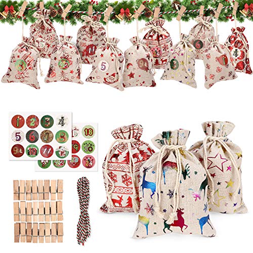 Wokkol Calendario de Adviento, Set de 24 Bolsas de Yute para Rellenar con Calendario de Adviento Casero, Bolsa de Regalo Navidad Decoración Navideña para el Hogar(24 PCS -12 Patrones)