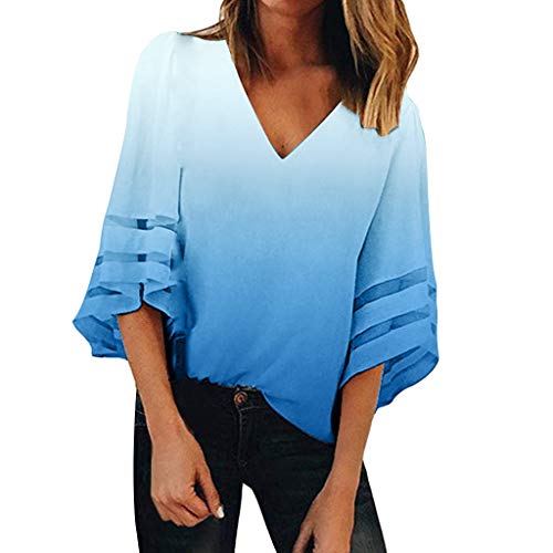 Women's V Neck Floral Mesh Panel Blouse 3/4 Bell Sleeve Casual Loose Top Shirt Casual Blusa para Mujer Talla Grande de Manga Corta Otoño Verano Playa y Fiesta