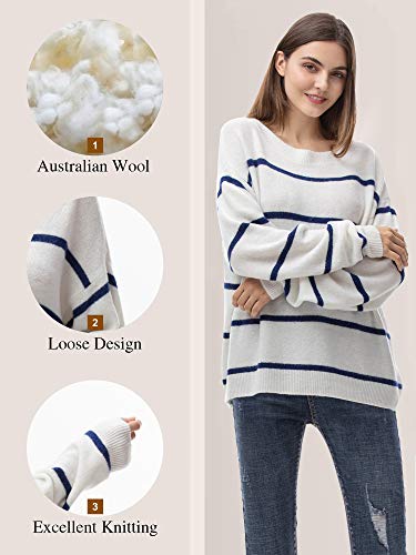 Woolen Bloom Manga Larga Sueter Invierno Sueter Mujer 2019 Jersey Elegante Blanco Azul Rayas Jerseys Punto Blanco Suelta y Cómoda