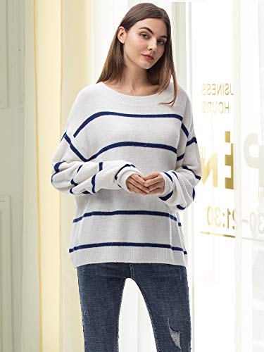 Woolen Bloom Manga Larga Sueter Invierno Sueter Mujer 2019 Jersey Elegante Blanco Azul Rayas Jerseys Punto Blanco Suelta y Cómoda