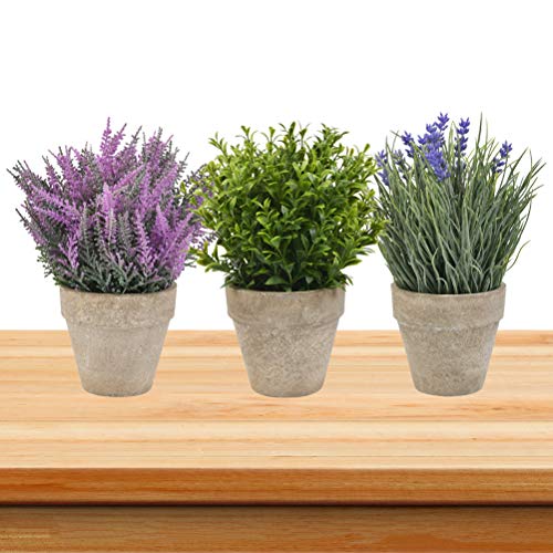 WOWOSS Piantas Artificiales Decorativas con Maceta, Flores Falsas Lavanda Plástico para Hogar, Oficina y Restaurante (3 Piezas)