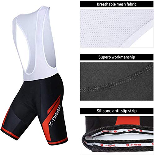 X-TIGER Ciclismo Maillots para Hombres con Tirantes Manga Corta Transpirable Secado Rápido con 5D Acolchado Gel Culotes Culotte Pantalones Cortos (Rojo,L)