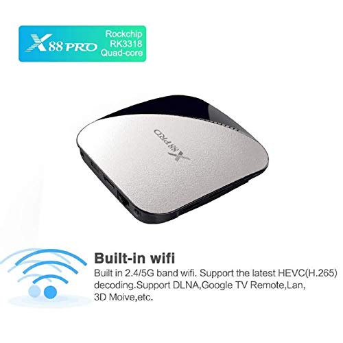 X88 Pro Android 9.0 TV Box 4GB RAM 32GB ROM RK3318 Quad-Core 64 bit Cortex-A53 CPU Penta-Core Mali-450 GPU 2.4GHz and 5GHz Dual Band WiFi H.265 4K Media Player