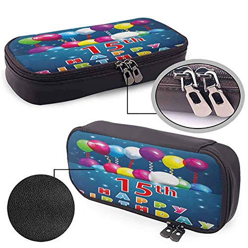 XCNGG Estuche de cuero para 15 cumpleaños con cremallera, tema de fiesta sorpresa para ocasiones festivas con globos y cintas onduladas rizadas Cremalleras lisas, impermeable multicolor